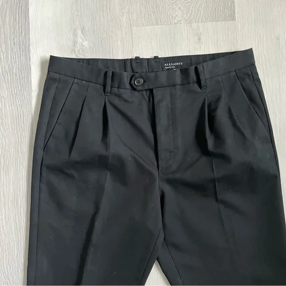 ALLSAINTS MENS TALLIS WOOL PANTS CHARCOAL BLACK CROPPED PLEATED POCKETS 32